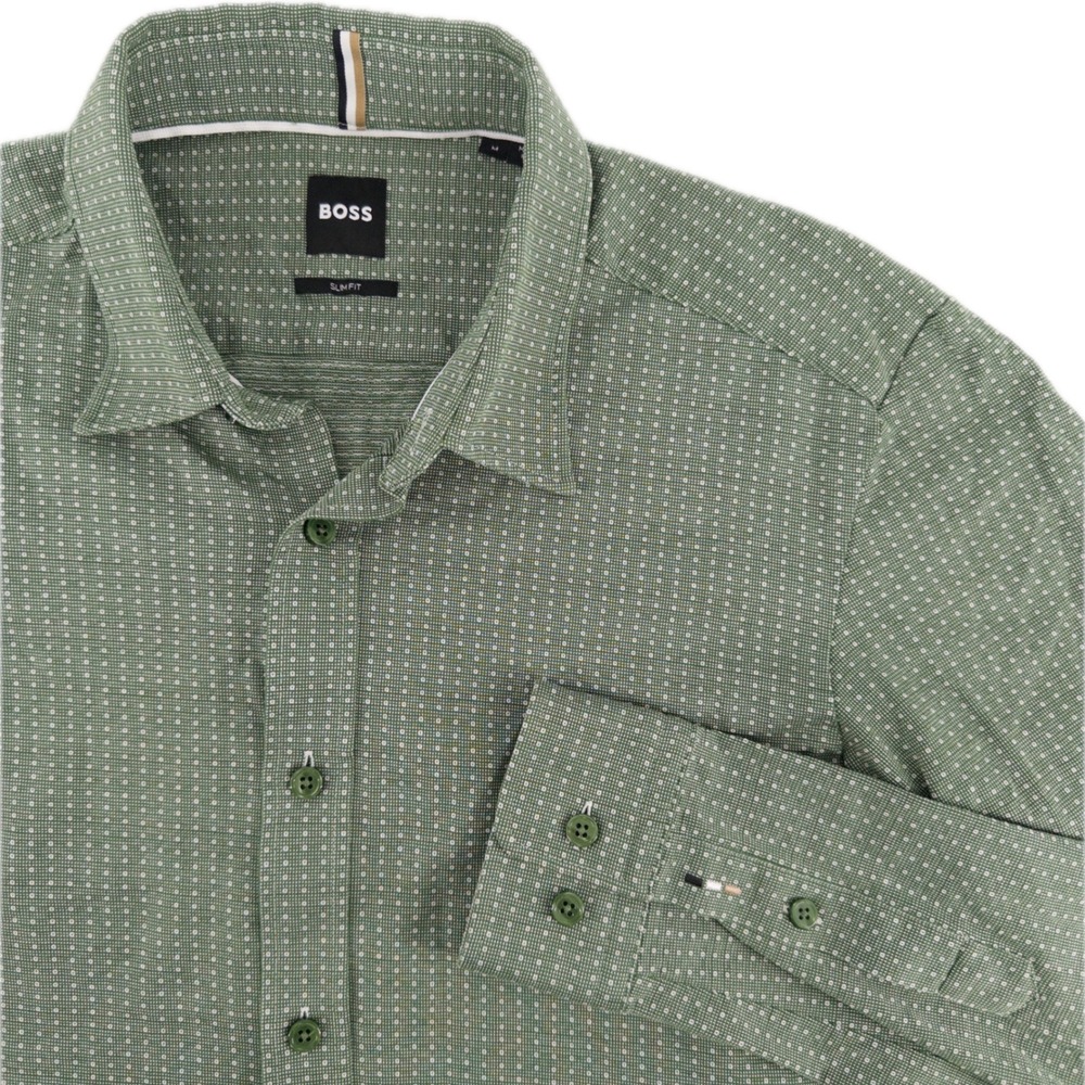 BOSS Mens M Button Down Green Slim Fit Micro Pattern Long Sleeve Dress Shirt